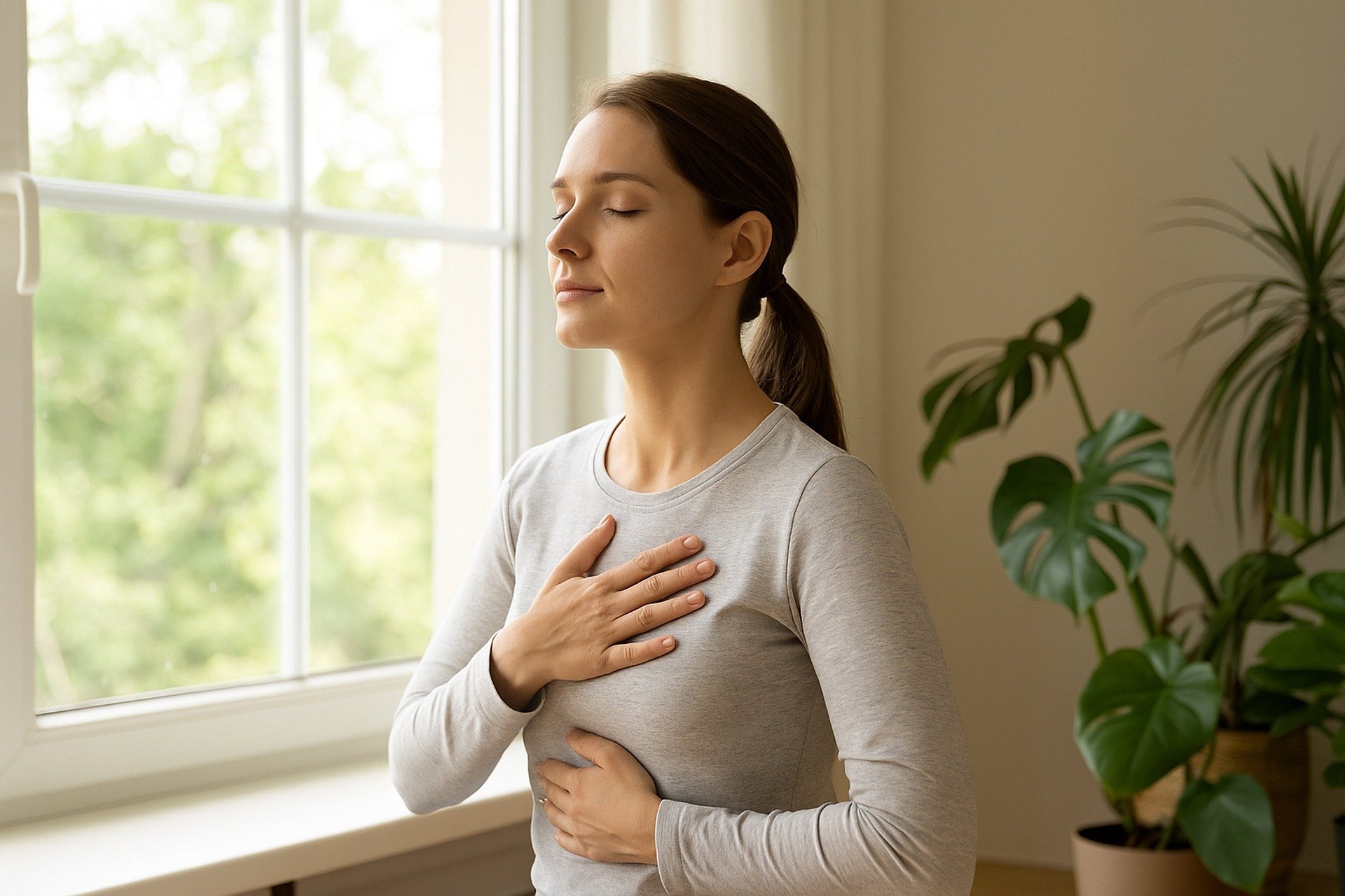 Vrouw die een ademhalingsoefening doet in lichaamsgerichte therapie